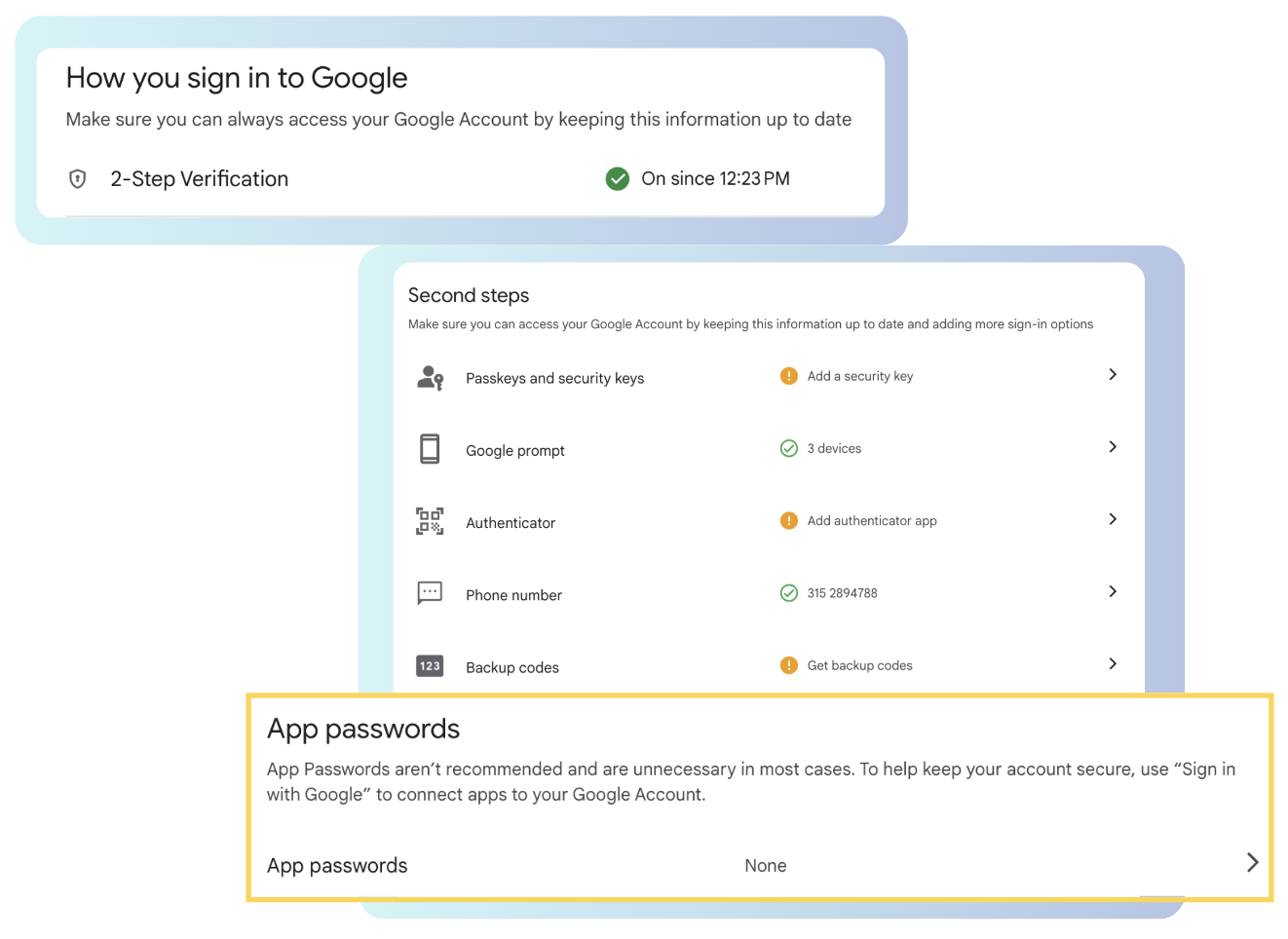Google App passwords management screen