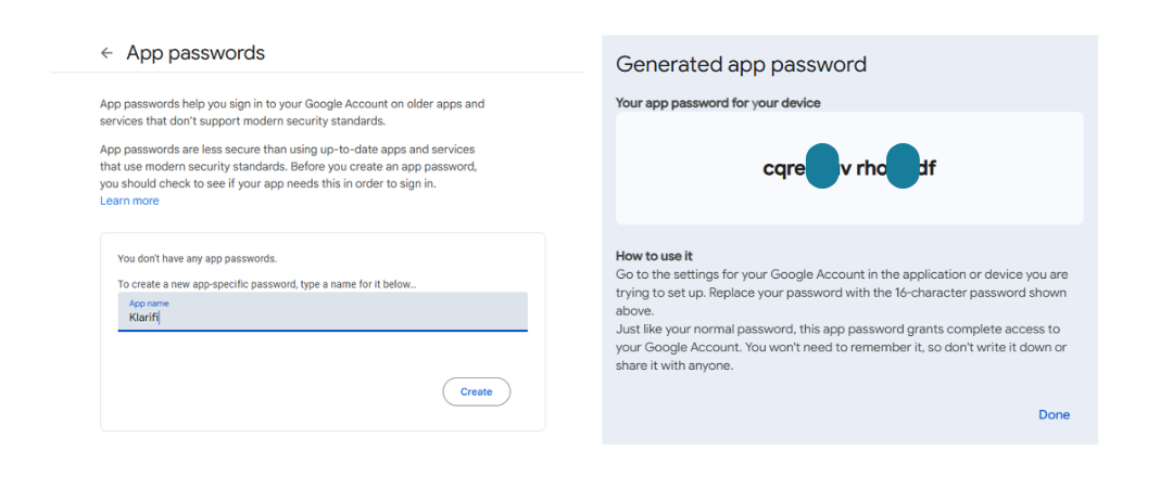Generated Google app password example