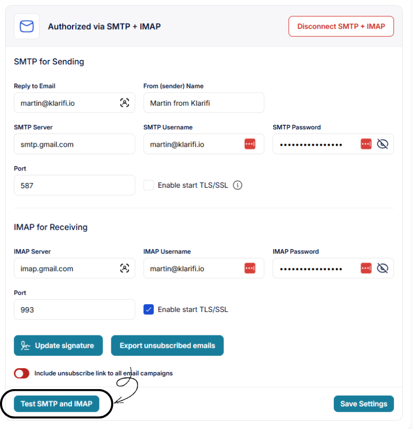 Test SMTP and IMAP button highlighted